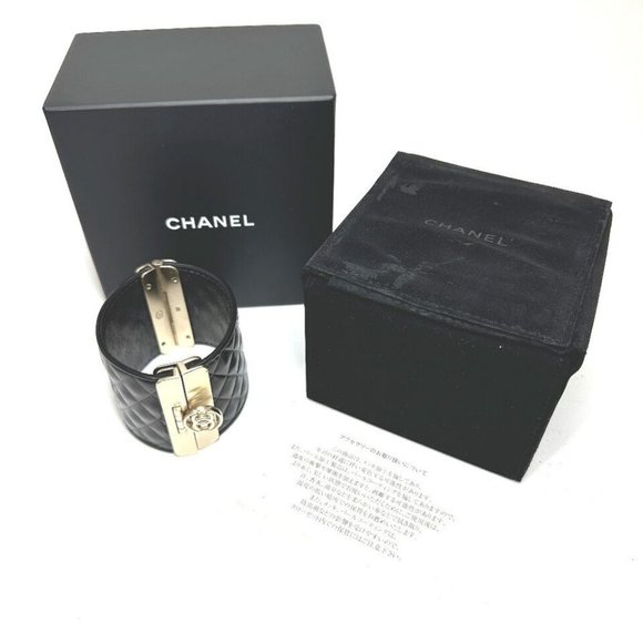 Auth CHANEL CC CC Mark Matelasse B17P accessories Bangle Leather Black/GoldHardw - Picture 1 of 16